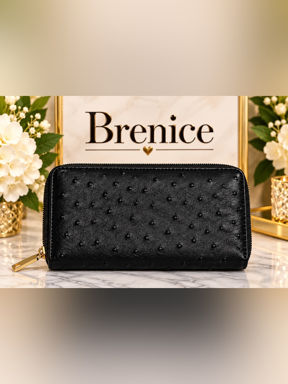 Brenice NWT Black Ostrich Embossed Zip Around Accordion Wallet Clutch